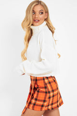 Orange Tartan Button Front Pleated Skirt - Laela