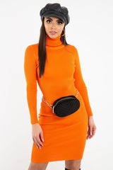 Orange Rib Roll Neck Midi Dress - Ellerie