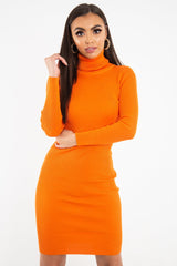 Orange Rib Roll Neck Midi Dress - Ellerie