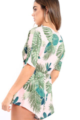 Pink Wrap Palm Leaf Playsuit - Orlena