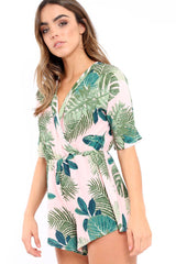 Pink Wrap Palm Leaf Playsuit - Orlena