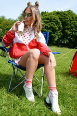 White Double Buckle Silver Stud Block Heel Boots - Bridie