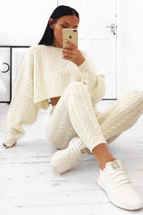 Cream Cable Knit Batwing Jumper Loungwear Set - Janea