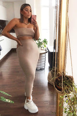 Nude Knitted Bandeau And Skirt Co-Ord - Sidra