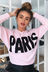 Pink Rib Knit Paris Slogan Jumper - Khylah