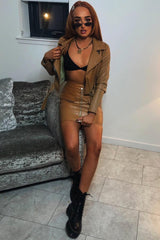 Tan Faux Leather Zip Front Utility Pocket Skirt - Paeyton