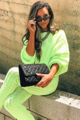 Neon Yellow Cable Knit Batwing Jumper Loungwear Set - Janea