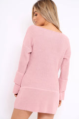 Pink Bell Sleeve Extreme Hem Chunky Knit Jumper Dress - Paige