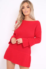 Red Bell Sleeve Extreme Hem Chunky Knit Jumper Dress - Paige