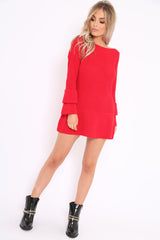 Red Bell Sleeve Extreme Hem Chunky Knit Jumper Dress - Paige