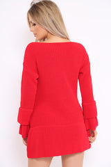 Red Bell Sleeve Extreme Hem Chunky Knit Jumper Dress - Paige