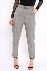 Tartan Grey and Red Ring Belted Tapered Trousers - Pamela