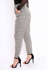 Tartan Grey and Red Ring Belted Tapered Trousers - Pamela