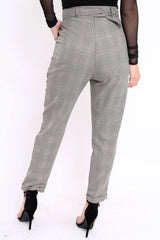 Tartan Grey and Red Ring Belted Tapered Trousers - Pamela