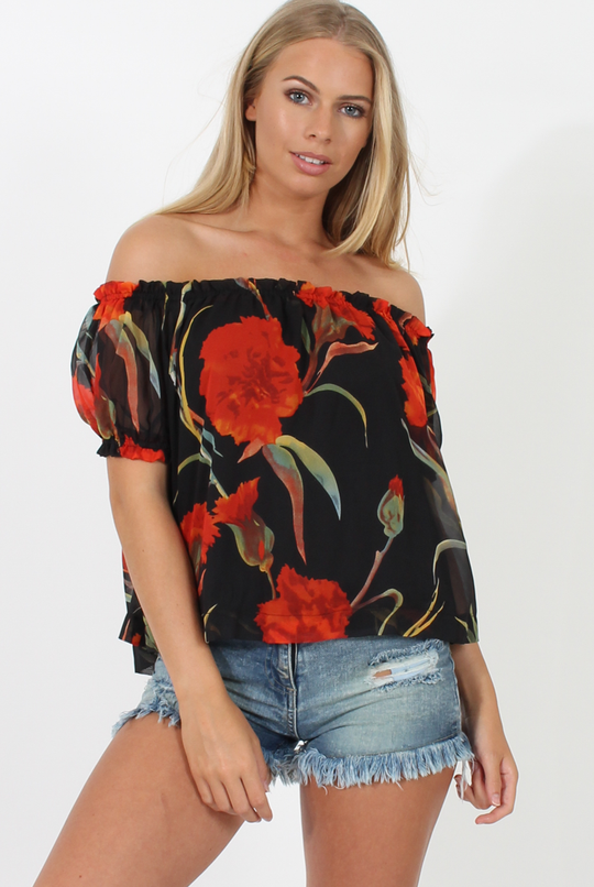 Black and Red Floral Semi Sheer Off Shoulder Top - Pandora