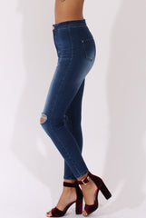 Mid Blue High Waisted Ripped Knee Jeans - Pandora