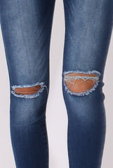 Mid Blue High Waisted Ripped Knee Jeans - Pandora