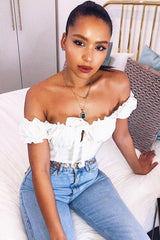 Cream Ruffle Tie Front Bardot Crop Top - Pandora