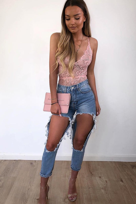 Pink Lace Plunge Bodysuit - Paola