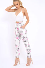 White Floral Paper Bag Tie Waist Cigarette Trousers - Jana