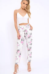 White Floral Paper Bag Tie Waist Cigarette Trousers - Jana