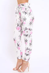 White Floral Paper Bag Tie Waist Cigarette Trousers - Jana