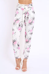 White Floral Paper Bag Tie Waist Cigarette Trousers - Jana