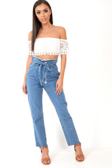 Light Wash Blue Denim Tie Waist Paperbag Jeans - Lylee