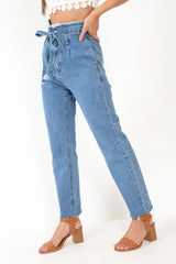 Light Wash Blue Denim Tie Waist Paperbag Jeans - Lylee