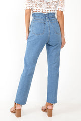 Light Wash Blue Denim Tie Waist Paperbag Jeans - Lylee