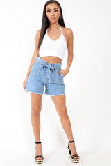 Light Wash Denim Paper Bag Mom Shorts - Iqra