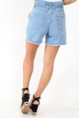 Light Wash Denim Paper Bag Mom Shorts - Iqra