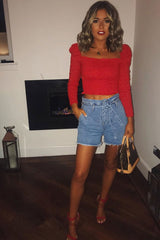 Light Wash Denim Paper Bag Mom Shorts - Iqra