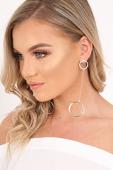Silver Double Circle Diamante Drop Earrings - Paralee