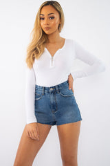 White Ribbed Ring Zip Bodysuit - Odessie