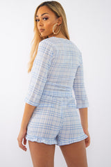Light Blue Checked Crop Top and Frill Shorts - Vesa