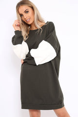 Khaki Jumper Dress with Fur Sleeves - Paris
