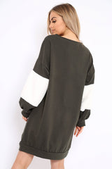 Khaki Jumper Dress with Fur Sleeves - Paris