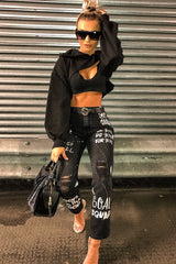 Washed Black Slogan Ripped Knee Mom Jeans - Carla