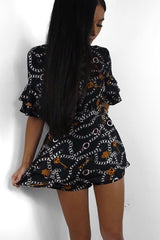 Black Chain Print Ruffle Sleeve Playsuit - Parrish