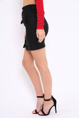 Black Lace Up Suedette Skirt with Pockets - Patra