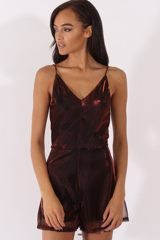 Red Metallic Strappy V Neck Playsuit - Patricia