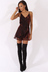 Red Metallic Strappy V Neck Playsuit - Patricia