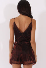 Red Metallic Strappy V Neck Playsuit - Patricia