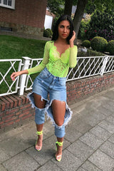 Neon Yellow Dobby Mesh Low Cut Bodysuit - Tamara