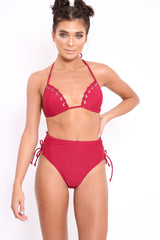 Wine Eyelet High Leg Bikini - Patti