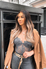 Charcoal Lace Flower Bodysuit - Faylen