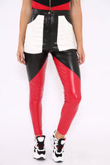 Black Red and White Contrast Faux Leather Trousers - Pax