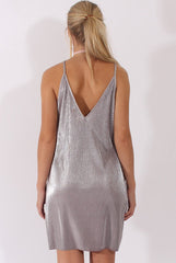 Silver Grey Pleated Metallic Slip Dress - Peaches