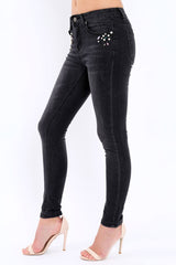 Black Denim Jewelled Skinny Jeans - Jezzy